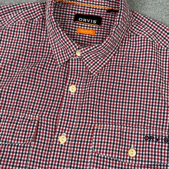Orvis Shirt Mens Medium Red White Blue Check Seersucker Active Fit Button Down - Picture 1 of 13